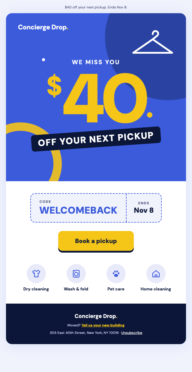 Win-back email as sent